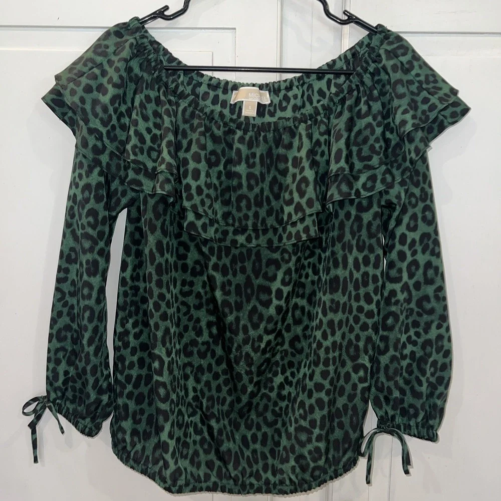 Michael Kors-Green Black Womens Size S Leopard Print Off Shoulder, Elastic Waist